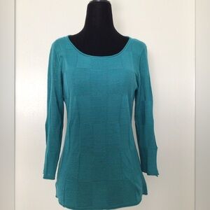 TALBOTS Aqua Green Linen Blend Scoopneck Top w Checker Pattern & 3/4 Sleeves S